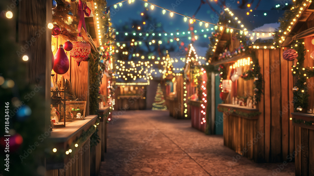 Obraz premium Festive Christmas market with decorated wooden stalls 