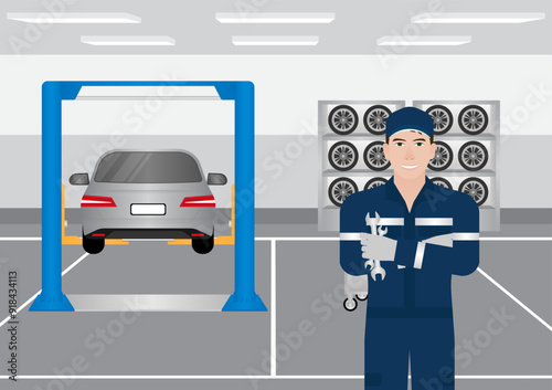 Car Mechanic or Automobile Mechanic working at Car Repair and Service Center. Car Maintenance. Vector Illustration. 