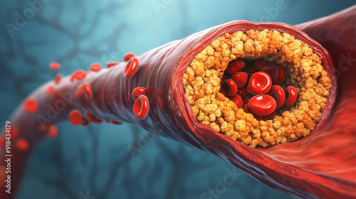 3D medical illustration showing an artery with severe cholesterol plaque buildup, surrounded by red blood cells, highlighting the dangers of cardiovascular disease
