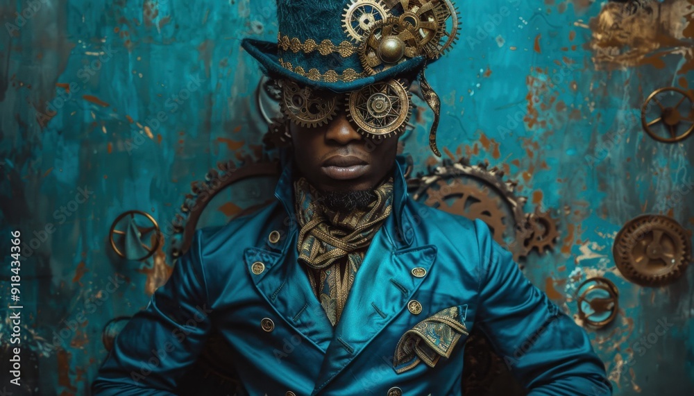 A man in elaborate steampunk attire poses against a textured blue backdrop adorned with gears and mechanical elements A man in elaborate steampunk attire poses against a textured blue backdrop adorned with gears and mechanical elements