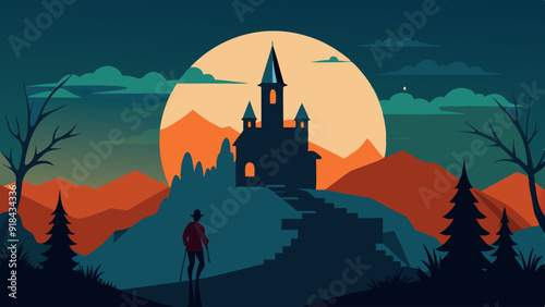 Adventurous scene of a lone hiker approaching a haunted castle under a full moon in a mystical landscape.