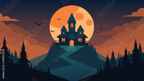 Mysterious Halloween night at a hilltop castle surrounded by forests under a glowing full moon.