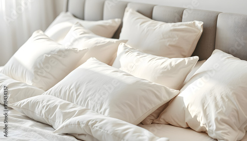 Many soft pillows on bed at home, closeup isolated with white highlights, png photo