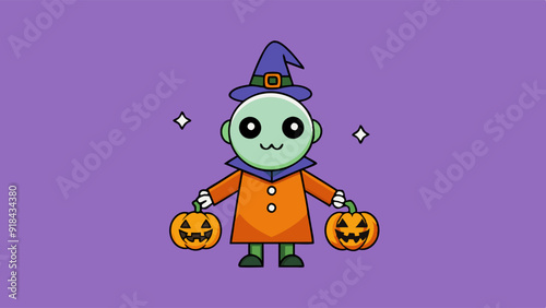 Wallpaper Mural Cartoon illustration of a friendly alien dressed in a Halloween costume, holding jack-o'-lanterns. Torontodigital.ca