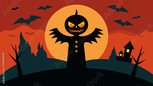 A menacing pumpkin-headed figure looming over a hill with bats and a haunted house against a fiery sunset.