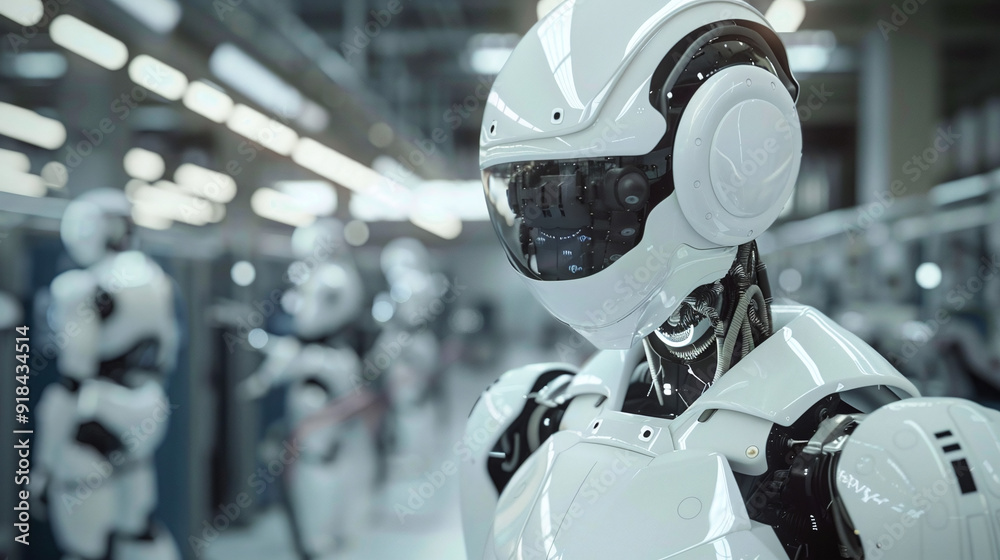 Industrial Robot with White Armor in a High-Tech Manufacturing Environment Industrial Robot with White Armor in a High-Tech Manufacturing Environment
