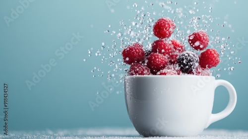 A white cup filled with raspberries being splashed, captured with droplets frozen mid-air. This image captures the vibrancy and freshness of the summer fruit in motion. photo