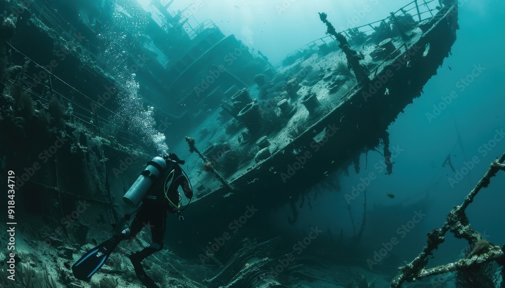 Diver exploring a sunken shipwreck underwater in a deep ocean setting during daylight