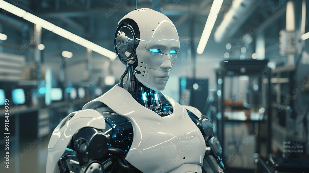 Industrial Robot with White Armor in a High-Tech Manufacturing Environment Industrial Robot with White Armor in a High-Tech Manufacturing Environment
