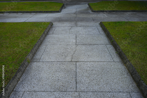 curb along the edge of the walkway is flush with the paving. Green Grass Grows Near Paving concrete Slabs Or Tail, Separated By Concrete Border. Road And Lawn Divided By Concrete border. crosswalk