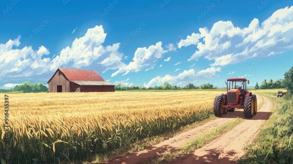 Golden wheat fields in an anime scene, with a long dirt road leading to a country barn and a vintage tractor parked beside it. Golden wheat fields in an anime scene, with a long dirt road leading to a country barn and a vintage tractor parked beside it.