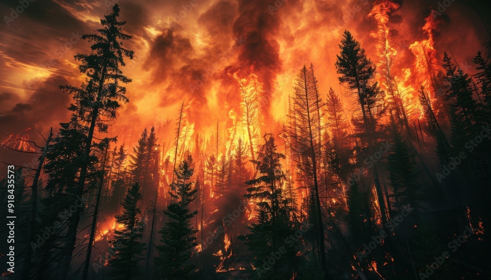 Wildfire engulfs dense forest with towering flames at dusk Wildfire engulfs dense forest with towering flames at dusk