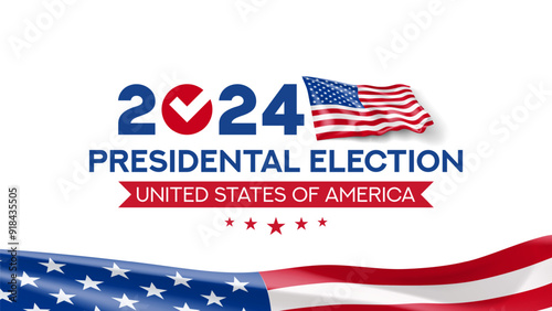 2024 presidential election banner. USA presidential election 2024 banner with waving american flags, vote symbol. Vote day, November 5. Vector illustration for US Election 2024 campaign.