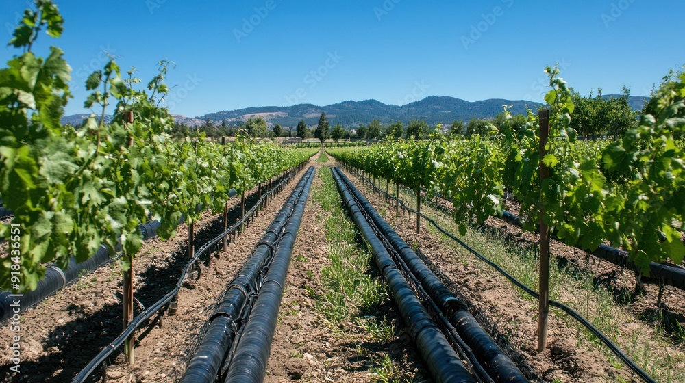 Obraz premium Drip irrigation system in vineyards