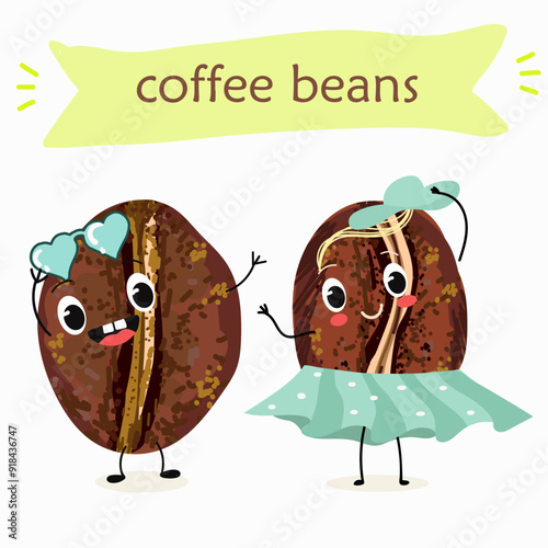 Cheerful happy coffee bean characters with coffee cup, vector mascot icons. Funny cute coffee beans with with various activities, hand drawn vector illustration.