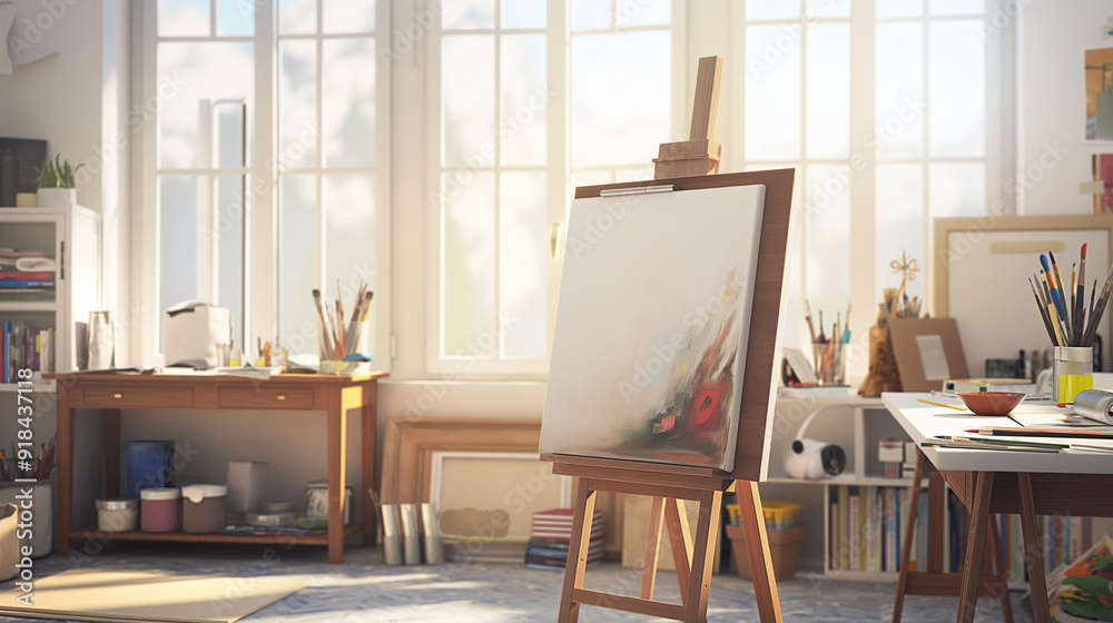 Sunlit art studio with canvas on easel and painting supplies Sunlit art studio with canvas on easel and painting supplies
