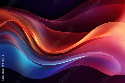 Abstract blue, orange and red waves flowing over a dark background.