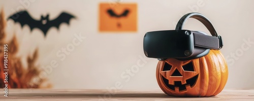 A creative Halloween setup featuring a jack-o'-lantern wearing virtual reality goggles, perfect for festive and tech-themed content. photo