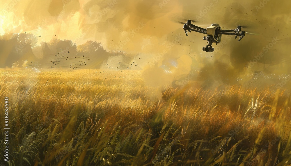 Drone flies over an autumn field, capturing images as birds scatter amidst the golden landscape at sunset Drone flies over an autumn field, capturing images as birds scatter amidst the golden landscape at sunset