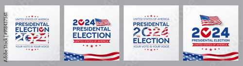 Set of US 2024 presidential election banners. USA presidential election 2024 banners with waving american flags, vote symbol. Vote day, November 5. Vector illustration for US Election 2024 campaign.