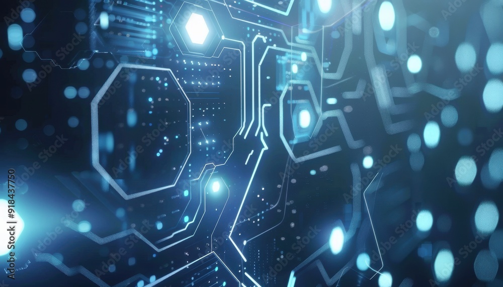Abstract close-up of a blue digital circuit board with glowing lights in a dark environment Abstract close-up of a blue digital circuit board with glowing lights in a dark environment