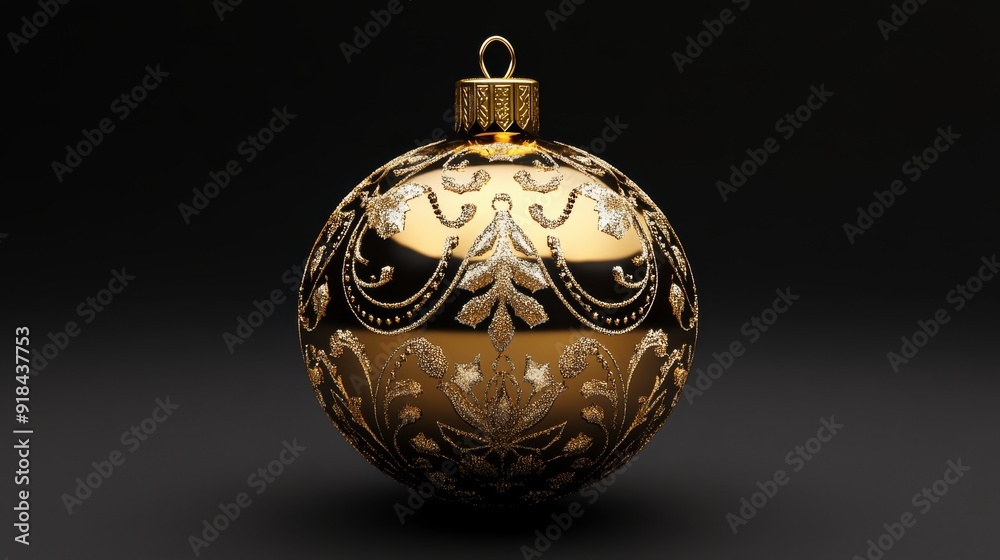 Hyperrealistic 3D rendering of a golden Christmas tree ornament front photo black background Hyperrealistic 3D rendering of a golden Christmas tree ornament front photo black background
