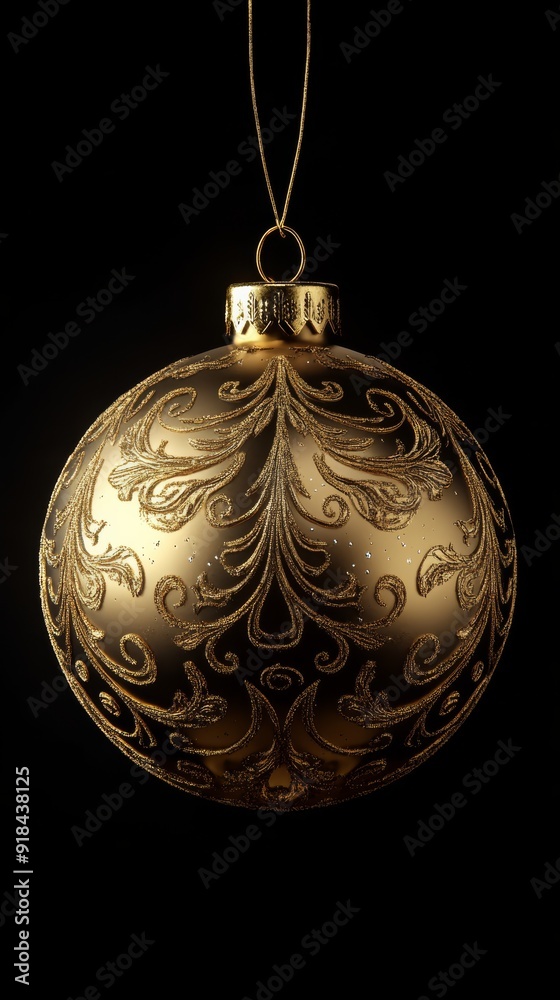 Fototapeta premium Hyperrealistic 3D rendering of a golden Christmas tree ornament front photo black background