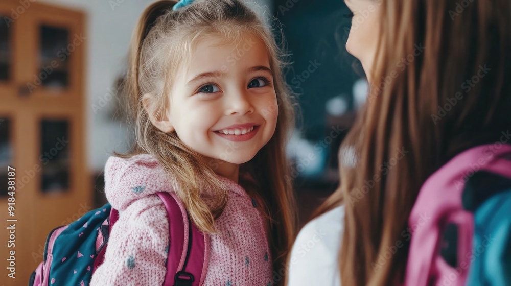 Naklejka premium Happy pretty gen z blonde young little girl with blue backpack walking to fist day of school year looking back to parents