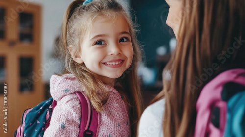  Happy pretty gen z blonde young little girl with blue backpack walking to fist day of school year looking back to parents