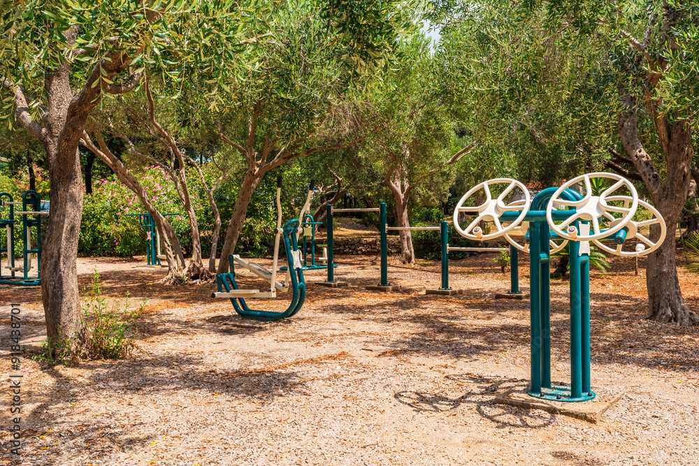 Fototapeta premium Outdoor gym equipment in a public park in Dubrovnik, Croatia