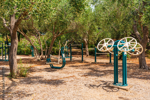Outdoor gym equipment in a public park in Dubrovnik, Croatia