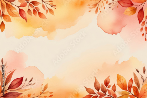 Watercolor autumn background with colorful fall leaves and copy space. For autumnal decoration, seasonal promotion, banner, wallpaper, graphic design, digital artwork, advertising, creative projects