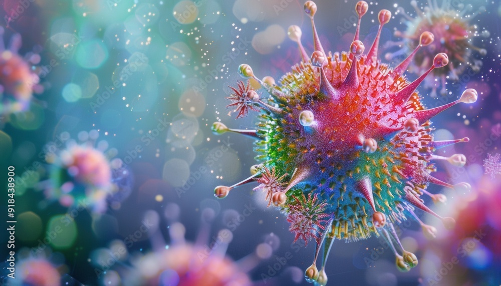 Colorful depiction of a virus with spikes floating in a microscopic environment Colorful depiction of a virus with spikes floating in a microscopic environment