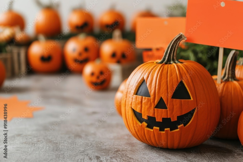 A vibrant collection of carved Halloween pumpkins with cheerful expressions, perfect for seasonal decor and festive celebrations.