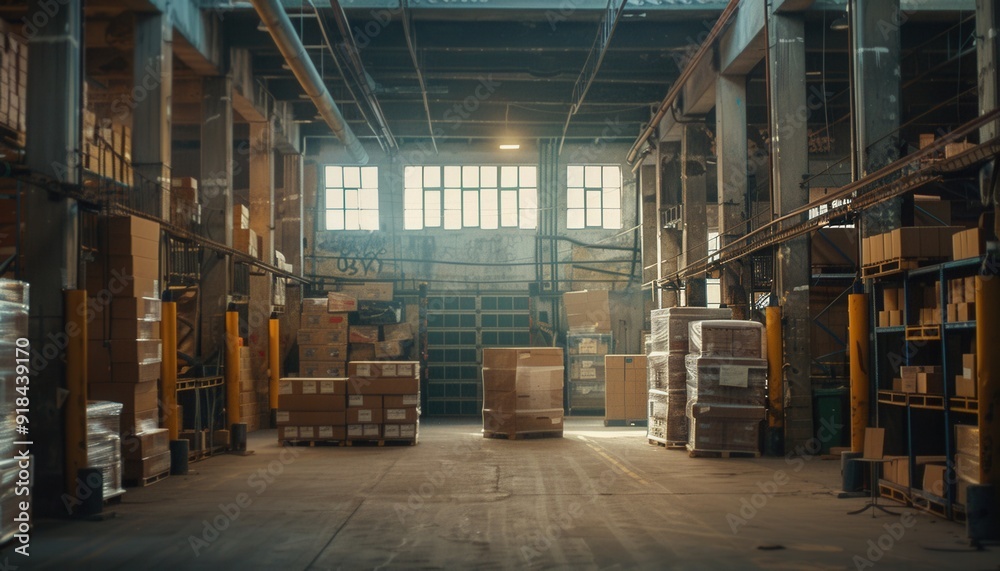 A spacious warehouse filled with stacked boxes in soft afternoon light A spacious warehouse filled with stacked boxes in soft afternoon light