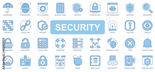 Security icons set in duotone outline stroke design for web. Pack pictograms of insurance, fingerprint, cctv camera, access code, protection, software bug, firewall, link, other. Vector illustration.