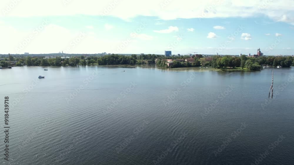 drone aerial view over Havel river in Berlin Spandau on a summer hot day drone aerial view over Havel river in Berlin Spandau on a summer hot day
