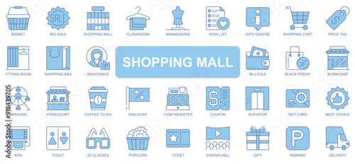Shopping mall icons set in duotone outline stroke design for web. Pack pictograms of basket, big sale, cloakroom, mannequin, wish list, price, fitting room, black friday, other. Vector illustration.
