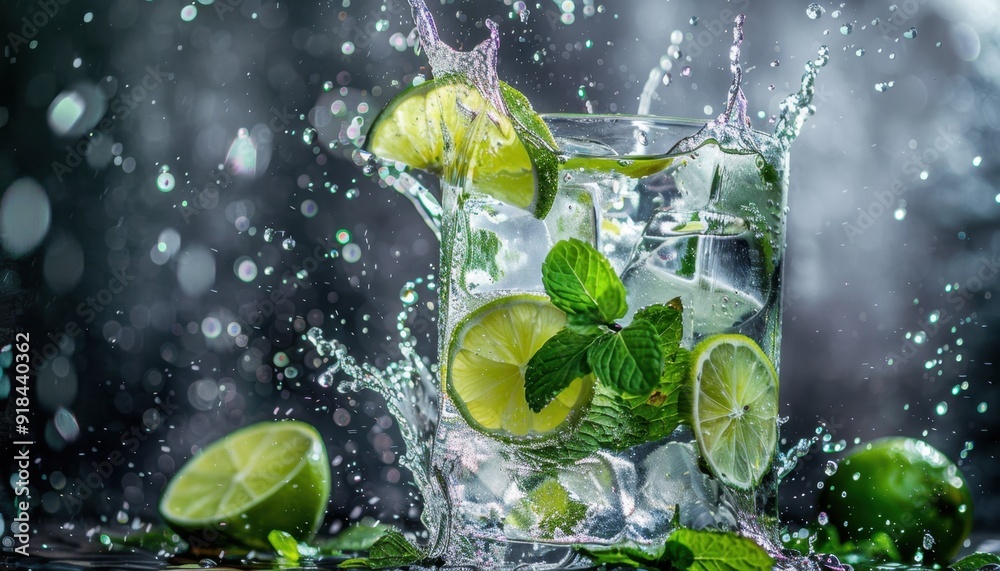 Refreshing cocktail of lime and mint splashing in a glass with water droplets on a dark surface Refreshing cocktail of lime and mint splashing in a glass with water droplets on a dark surface
