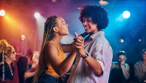Two women dancing closely at a lively club, sharing a joyful moment. Emphasizes love, happiness, and inclusivity. Suitable for LGBTQ promotions, nightlife events, or relationship-focused marketing.