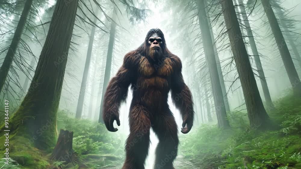 Bigfoot in the forest, hairy monster mysterious sasquatch silhouette in the fog