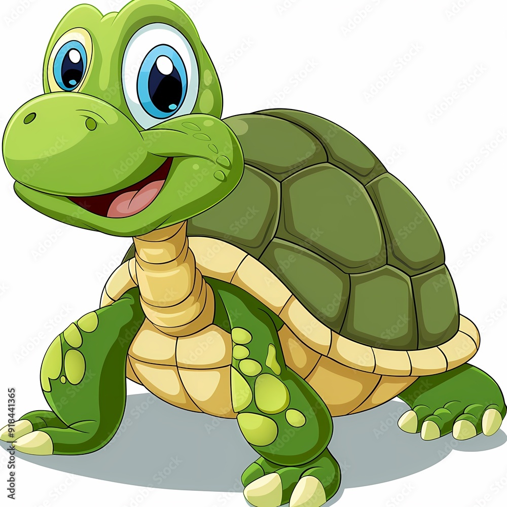 Fototapeta premium A happy cartoon turtle with a green shell and big eyes smiles.