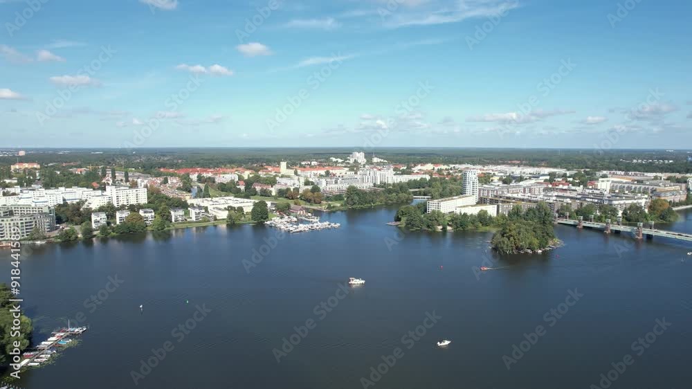 drone aerial view over Havel river in Berlin Spandau on a summer hot day drone aerial view over Havel river in Berlin Spandau on a summer hot day