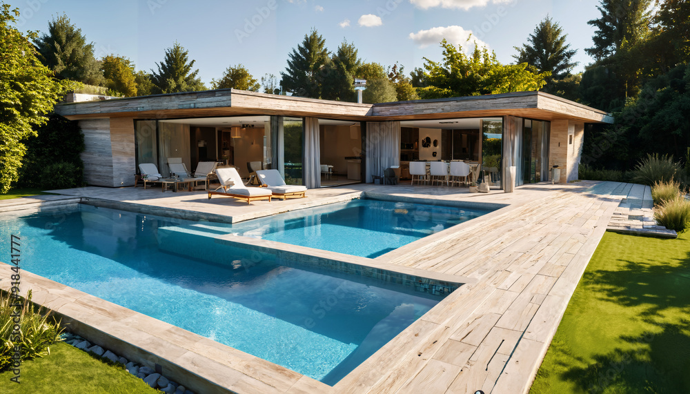 Fototapeta premium Villa moderne avec piscine et terrasse en bois
