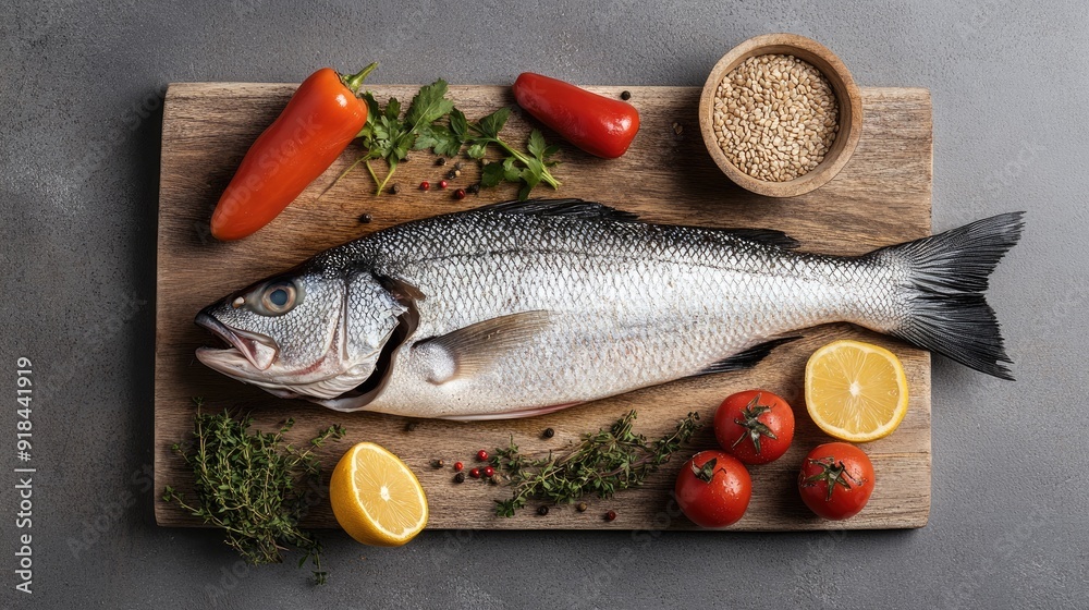 Raw seabass fish laid out with fresh vegetables, grains, herbs, and spices on a rustic chopping board, ready for cooking. Top view. Raw seabass fish laid out with fresh vegetables, grains, herbs, and spices on a rustic chopping board, ready for cooking. Top view.