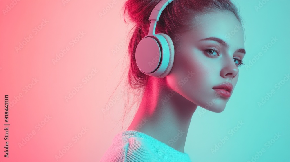 Young Woman with Headphones in a Colorful Studio Young Woman with Headphones in a Colorful Studio
