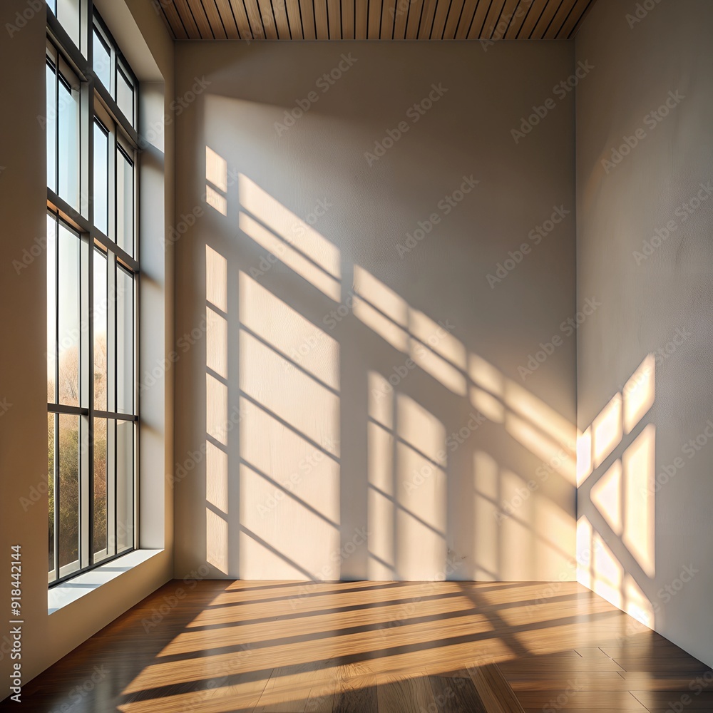 Light falling on the wall of a modern house with panoramic windows, light of the sun on the wall, shadows on the brown wall Light falling on the wall of a modern house with panoramic windows, light of the sun on the wall, shadows on the brown wall