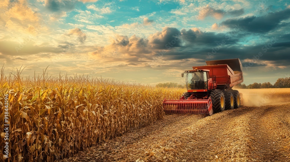Fototapeta premium Harvesting machinery working in a corn field