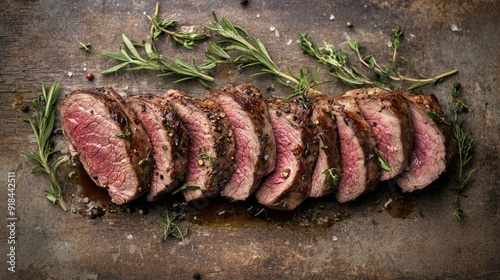 Sliced venison backstrap roast with herbs, placed on a rustic surface, creating a traditional culinary scene with room for copy. photo