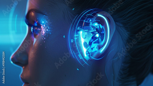 Obraz na płótnie Futuristic Ear Implant with Holographic Interface and Advanced Technology w salonie